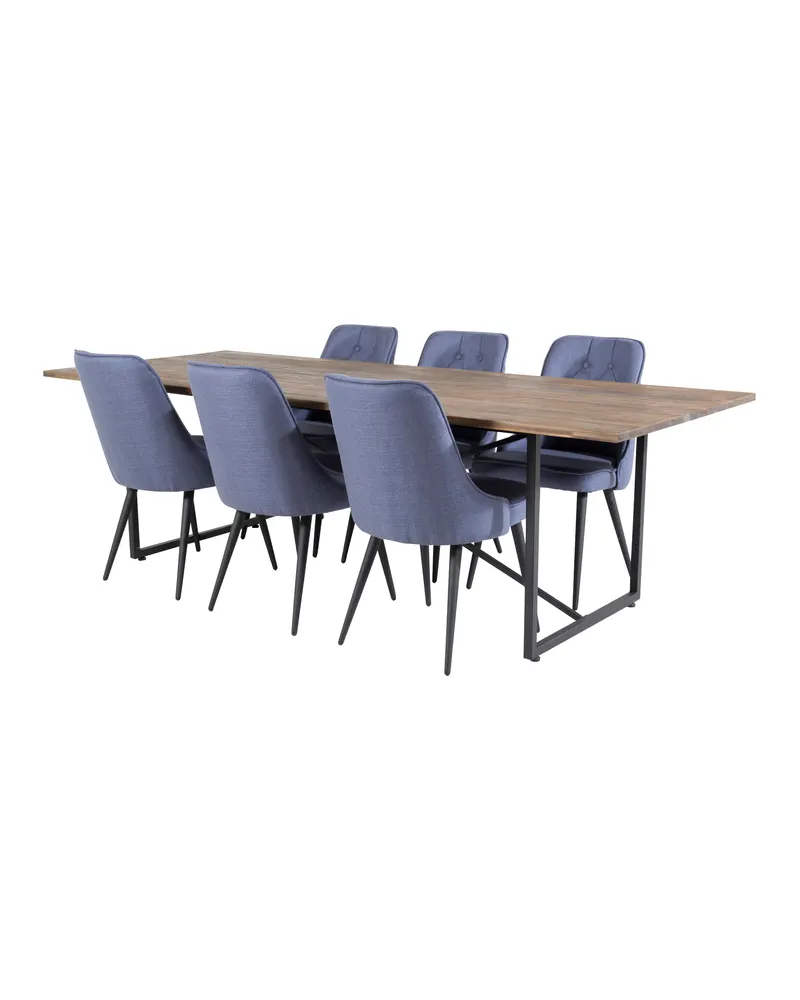 Padang & Velvet Deluxe Essgruppe mit Teak-Esstisch und 6 Stühlen mit Knopfheftung in Blau, Gestell Schwarz, Ansicht 2