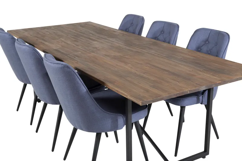 Padang & Velvet Deluxe Essgruppe mit Teak-Esstisch und 6 Stühlen mit Knopfheftung in Blau, Gestell Schwarz, Ansicht 4