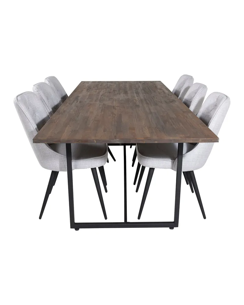 Padang & Velvet Deluxe Esstisch mit 6 Stühlen, Teak, Knopfheftung