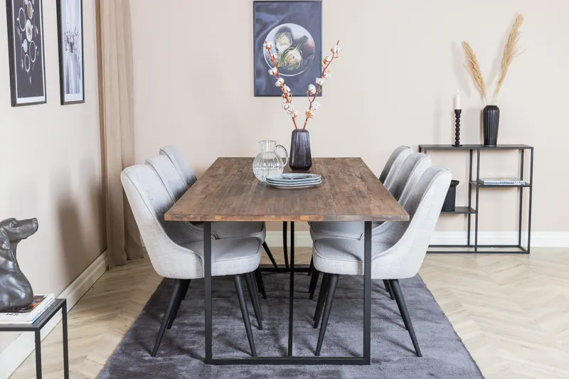 Padang & Velvet Deluxe Essgruppe mit Teak-Esstisch und 6 Stühlen mit Knopfheftung in Hellgrau, Gestell Schwarz, im Wohnraum, Ansicht 1