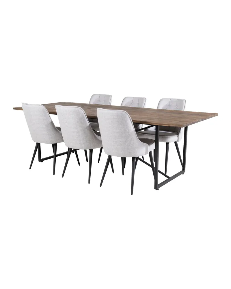 Padang & Velvet Deluxe Essgruppe mit Teak-Esstisch und 6 Stühlen mit Knopfheftung in Hellgrau, Gestell Schwarz, Ansicht 2