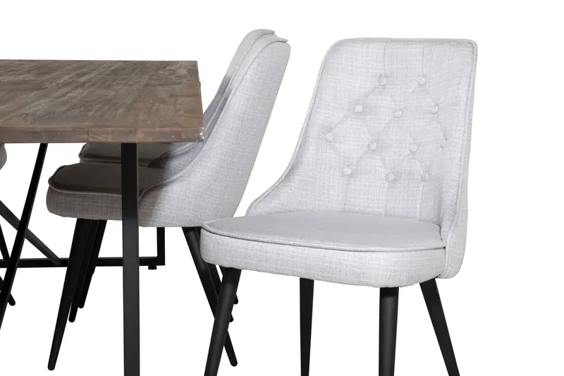 Padang & Velvet Deluxe Essgruppe mit Teak-Esstisch und 6 Stühlen mit Knopfheftung in Hellgrau, Gestell Schwarz, Ansicht 3