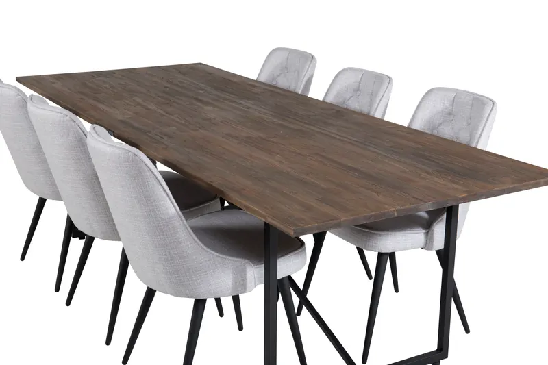 Padang & Velvet Deluxe Essgruppe mit Teak-Esstisch und 6 Stühlen mit Knopfheftung in Hellgrau, Gestell Schwarz, Ansicht 4