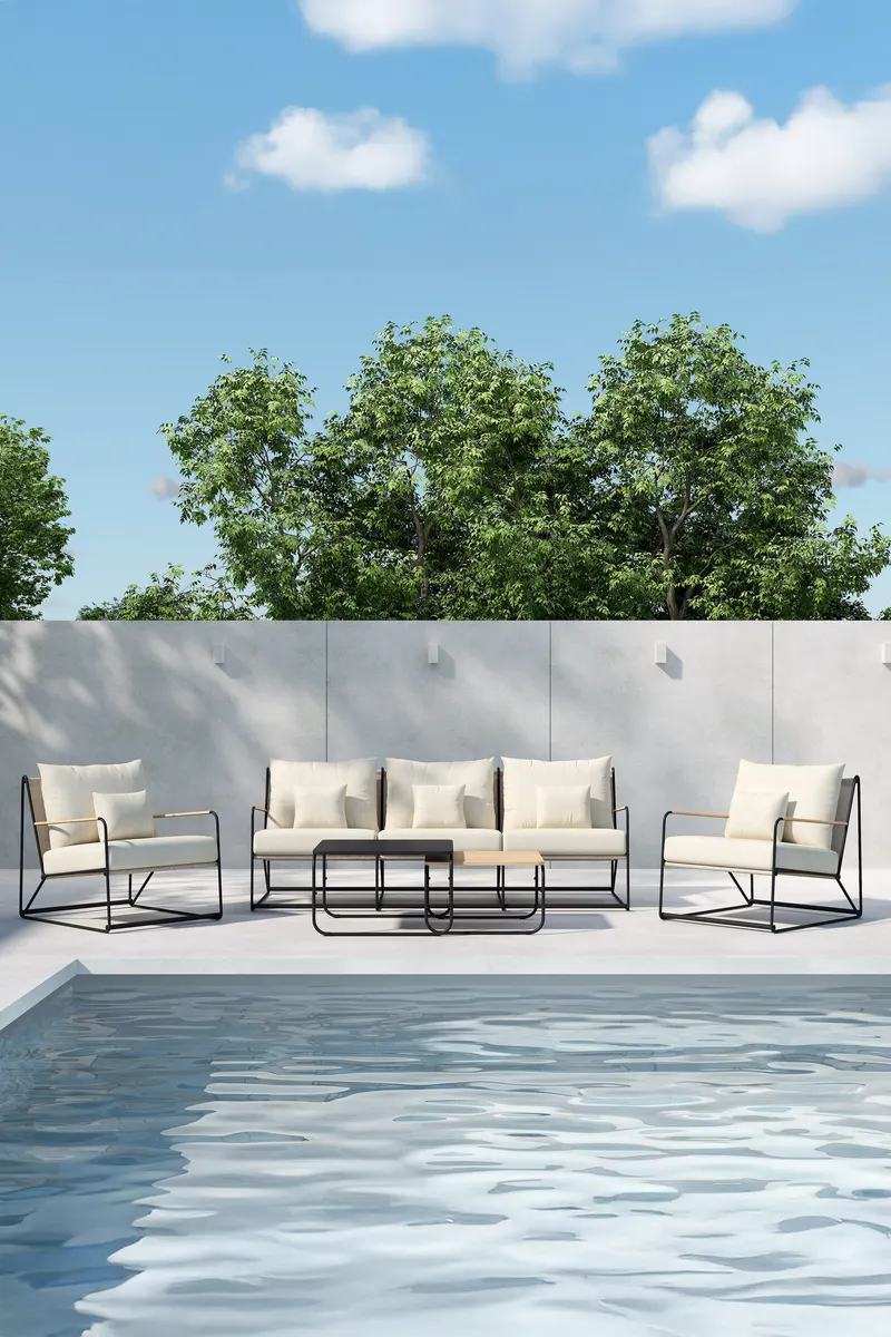 Palazzo Gartenlounge mit Sofa, zwei Sesseln und Tisch in Table:60 × 60 × 36Chair:84 × 70,7 × 74Sofa:84 × 209,5 × 74 cm, Schwarz, Polyester, im Wohnraum, Ansicht 1