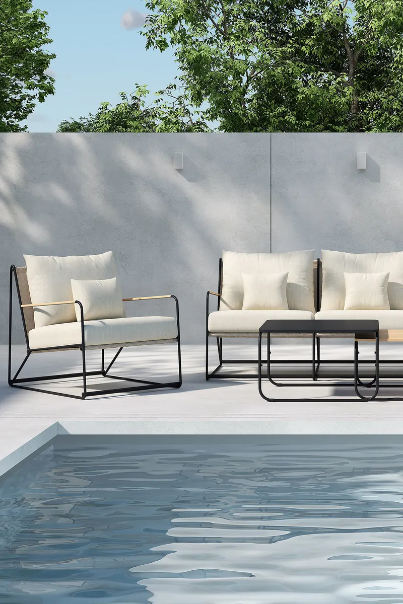 Palazzo Gartenlounge mit Sofa, zwei Sesseln und Tisch in Table:60 × 60 × 36Chair:84 × 70,7 × 74Sofa:84 × 209,5 × 74 cm, Schwarz, Polyester, im Wohnraum, Ansicht 2
