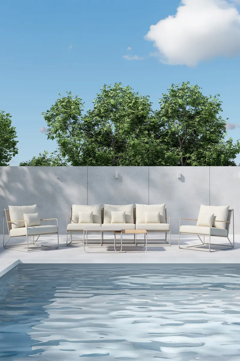 Palazzo Gartenlounge mit Sofa, zwei Sesseln und Tisch in Table:60 × 60 × 36Chair:84 × 70,7 × 74Sofa:84 × 209,5 × 74 cm, Beige, Polyester, im Wohnraum, Ansicht 1