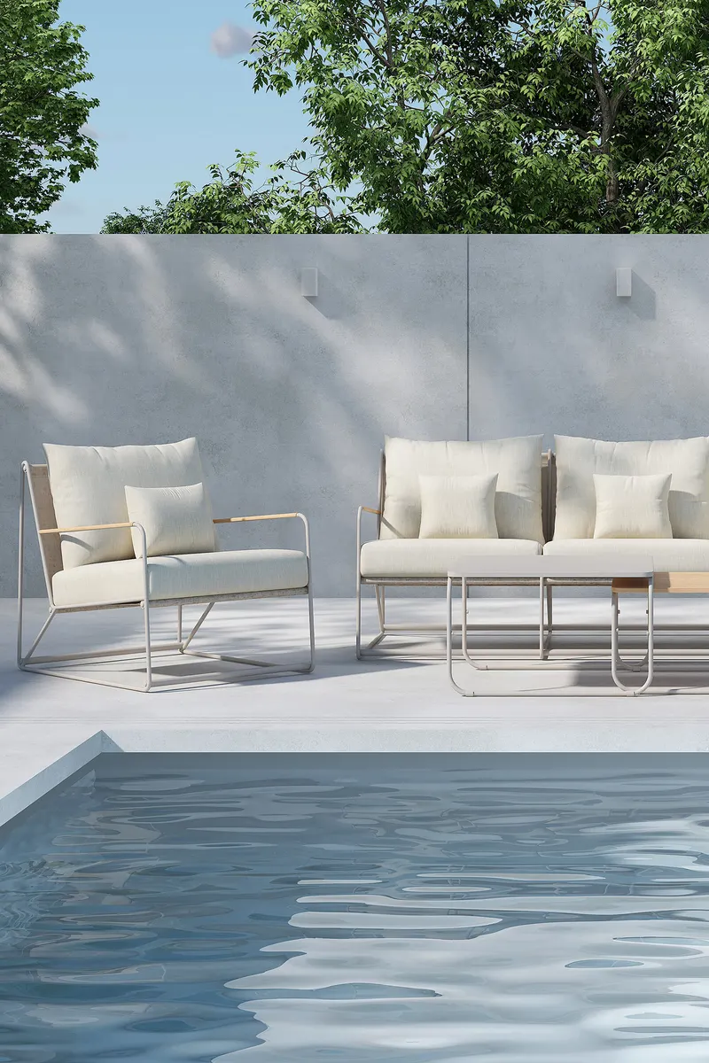 Palazzo Gartenlounge mit Sofa, zwei Sesseln und Tisch in Table:60 × 60 × 36Chair:84 × 70,7 × 74Sofa:84 × 209,5 × 74 cm, Beige, Polyester, im Wohnraum, Ansicht 2