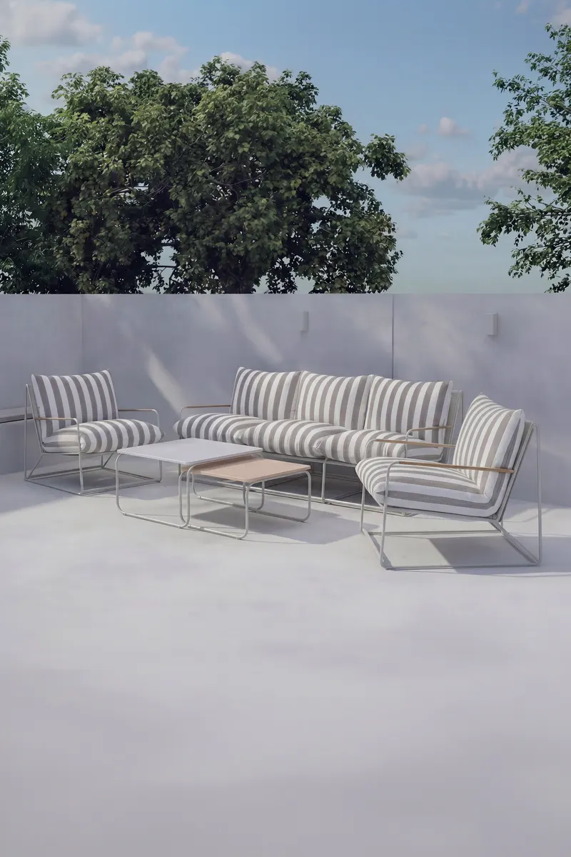Palazzo Gartenlounge mit Sofa, zwei Sesseln und Tisch in Table: 36 × 60 × 60, Sofa: 84 × 75 × 210, Chair: 84 × 70 × 74 cm, Beige / Natur, Gestell Beige, Polyester, Textilene, Polypropylen, im Wohnraum