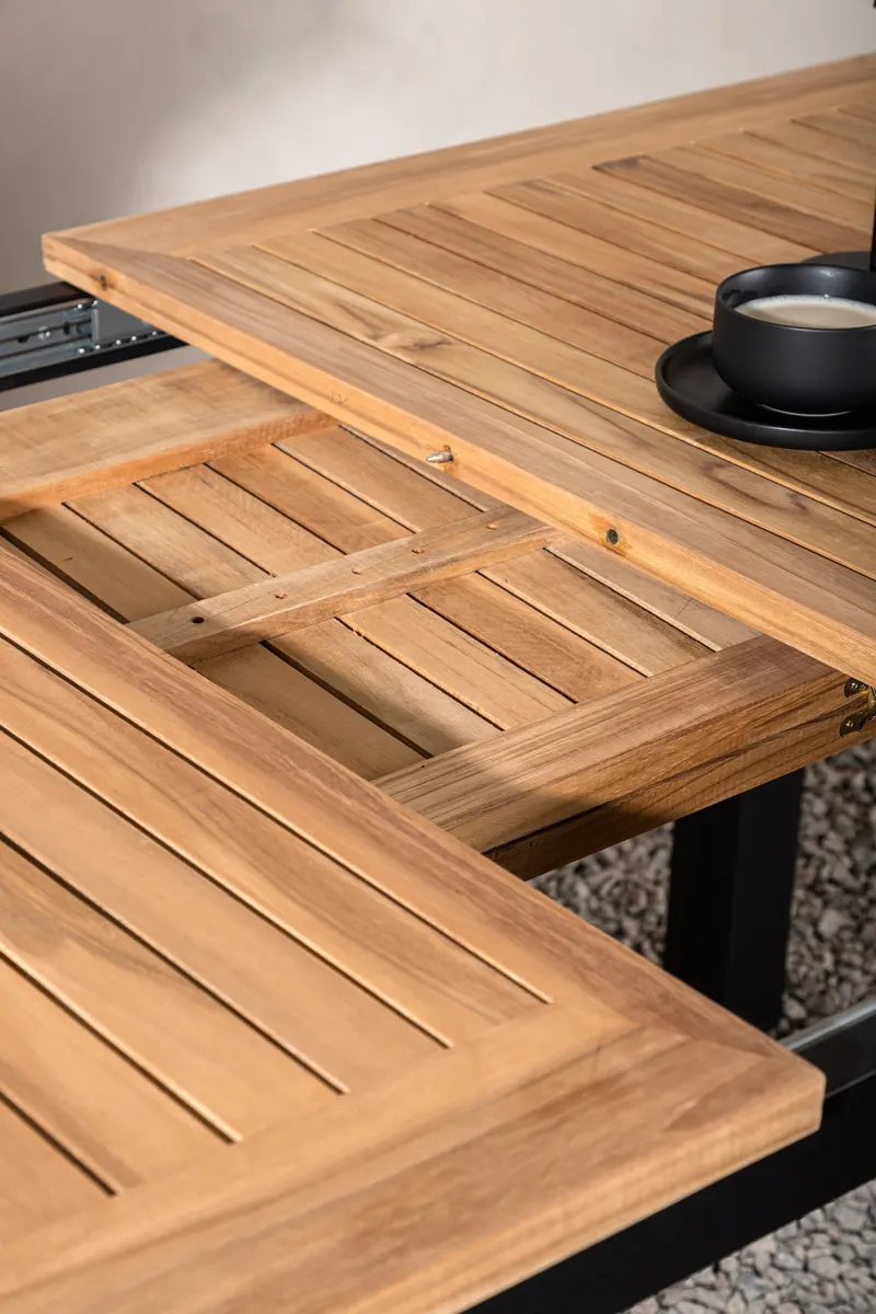 Panama ausziehbarer Gartentisch mit Teakplatte in 152 × 90 cm, Natur, Gestell Schwarz, im Wohnraum, Ansicht 4