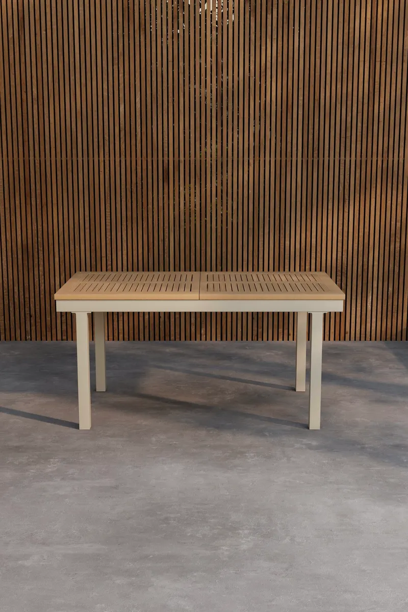 Panama ausziehbarer Gartentisch mit Teakplatte in 160 × 90 cm, Natur, Gestell Beige, im Wohnraum