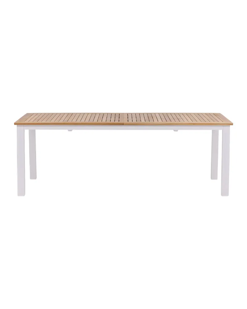 Panama ausziehbarer Gartentisch mit Teakplatte in 220 × 100 cm, Natur, Gestell Weiß, Ansicht 1
