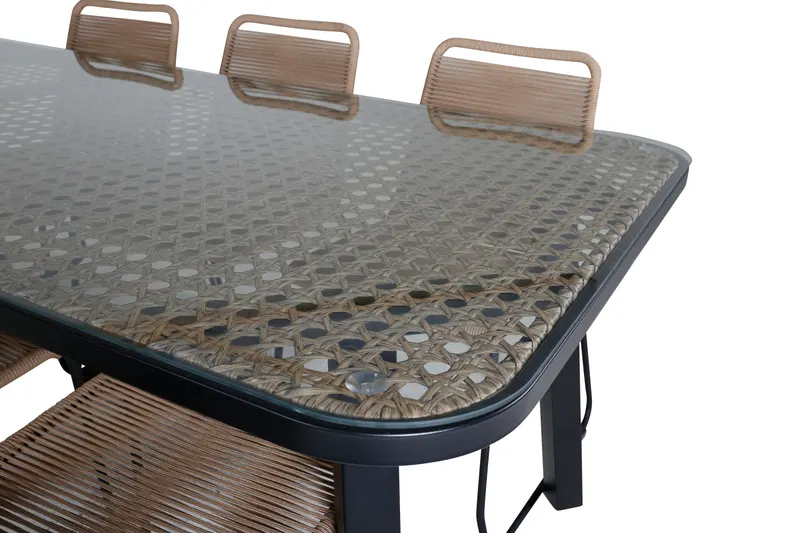 Paola & Lindos Gartenmöbel-Set mit Tisch 200 × 100 cm und 6 Seilstühlen in Braun, Gestell Schwarz, Ansicht 4