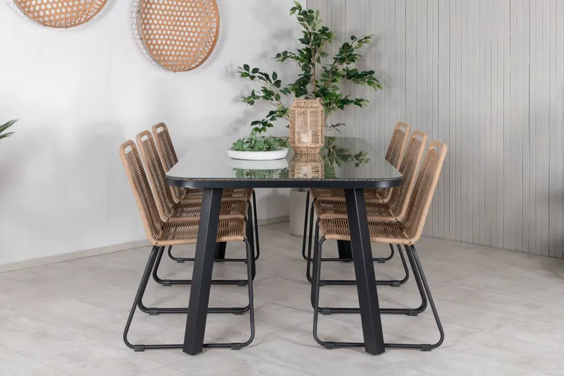 Paola & Lindos Gartenmöbel-Set mit Tisch 200 × 100 cm und 6 Seilstühlen in Braun, Gestell Schwarz, im Wohnraum, Ansicht 1