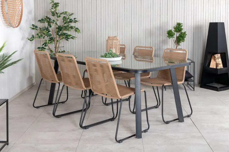 Paola & Lindos Gartenmöbel-Set mit Tisch 200 × 100 cm und 6 Seilstühlen in Braun, Gestell Schwarz, im Wohnraum, Ansicht 2