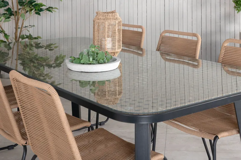 Paola & Lindos Gartenmöbel-Set mit Tisch 200 × 100 cm und 6 Seilstühlen in Braun, Gestell Schwarz, im Wohnraum, Ansicht 3