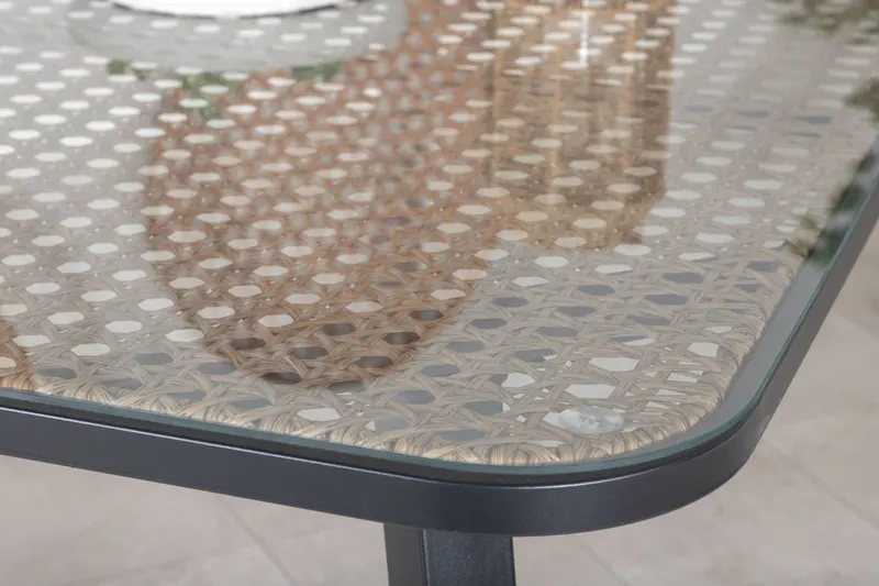 Paola & Lindos Gartenmöbel-Set mit Tisch 200 × 100 cm und 6 Seilstühlen in Braun, Gestell Schwarz, im Wohnraum, Ansicht 6