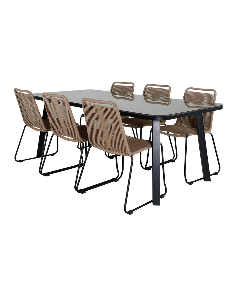 Paola & Lindos Gartenmöbel-Set mit Tisch 200 × 100 cm und 6 Seilstühlen in Braun, Gestell Schwarz, Ansicht 2