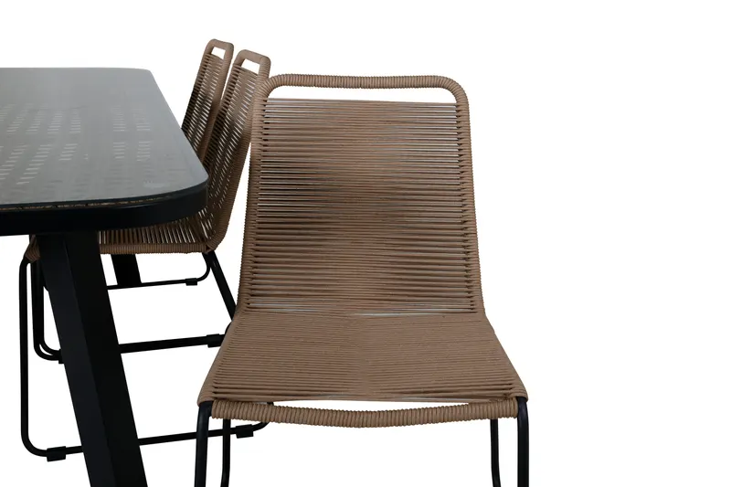 Paola & Lindos Gartenmöbel-Set mit Tisch 200 × 100 cm und 6 Seilstühlen in Braun, Gestell Schwarz, Ansicht 3