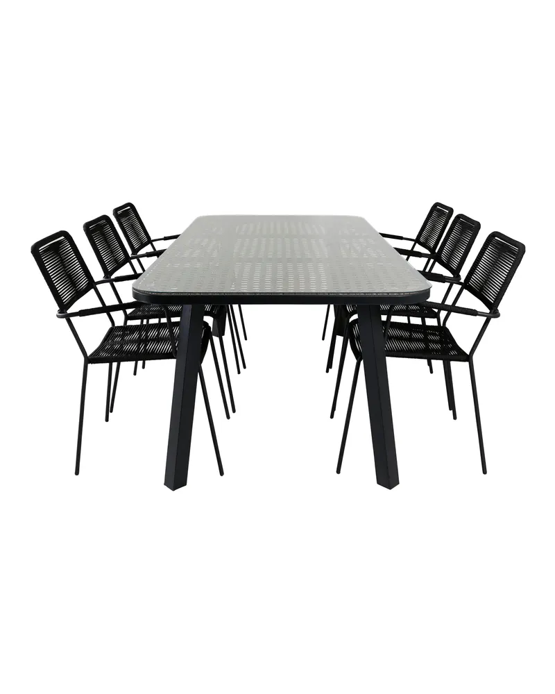 Paola & Lindos Gartenmöbel-Set mit Tisch 200 × 100 cm und 6 Seilstühlen in Schwarz, Ansicht 1