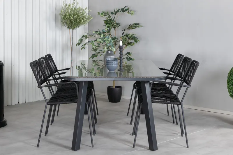 Paola & Lindos Gartenmöbel-Set mit Tisch 200 × 100 cm und 6 Seilstühlen in Schwarz, im Wohnraum, Ansicht 1