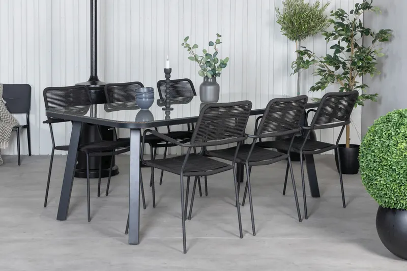 Paola & Lindos Gartenmöbel-Set mit Tisch 200 × 100 cm und 6 Seilstühlen in Schwarz, im Wohnraum, Ansicht 2