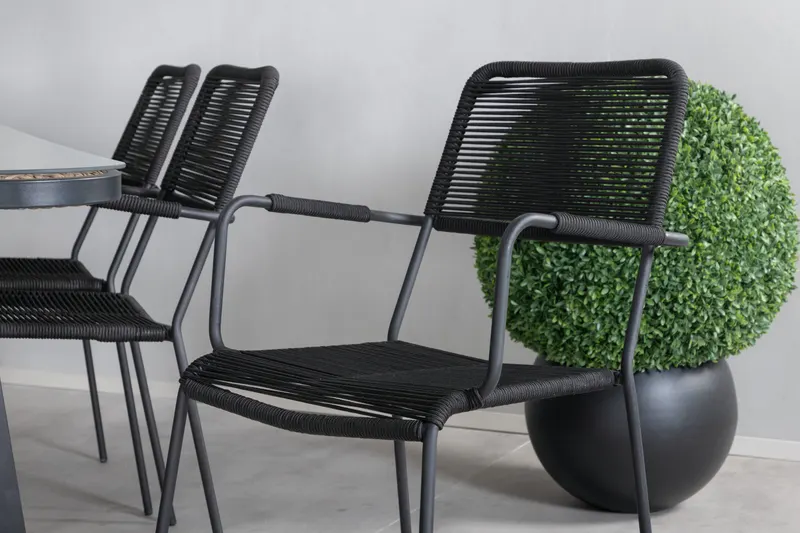 Paola & Lindos Gartenmöbel-Set mit Tisch 200 × 100 cm und 6 Seilstühlen in Schwarz, im Wohnraum, Ansicht 4