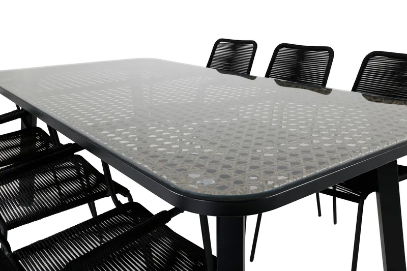 Paola & Lindos Gartenmöbel-Set mit Tisch 200 × 100 cm und 6 Seilstühlen in Schwarz, Ansicht 3