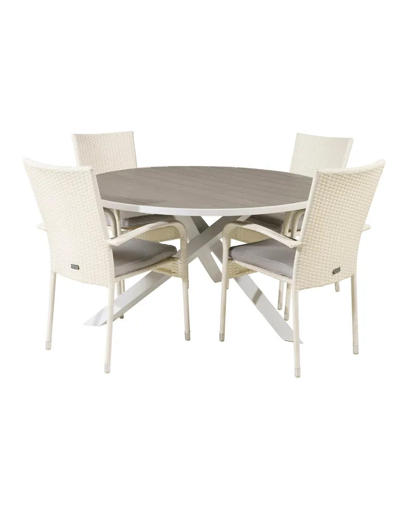 Parma & Anna Gartenmöbel-Set mit rundem Tisch und 4 Geflechtstühlen in Weiß, Ansicht 1
