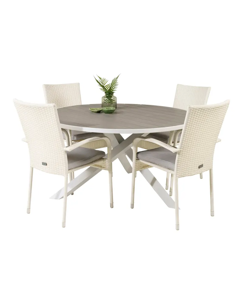 Parma & Anna Gartenmöbel-Set mit rundem Tisch und 4 Geflechtstühlen in Weiß, Ansicht 2