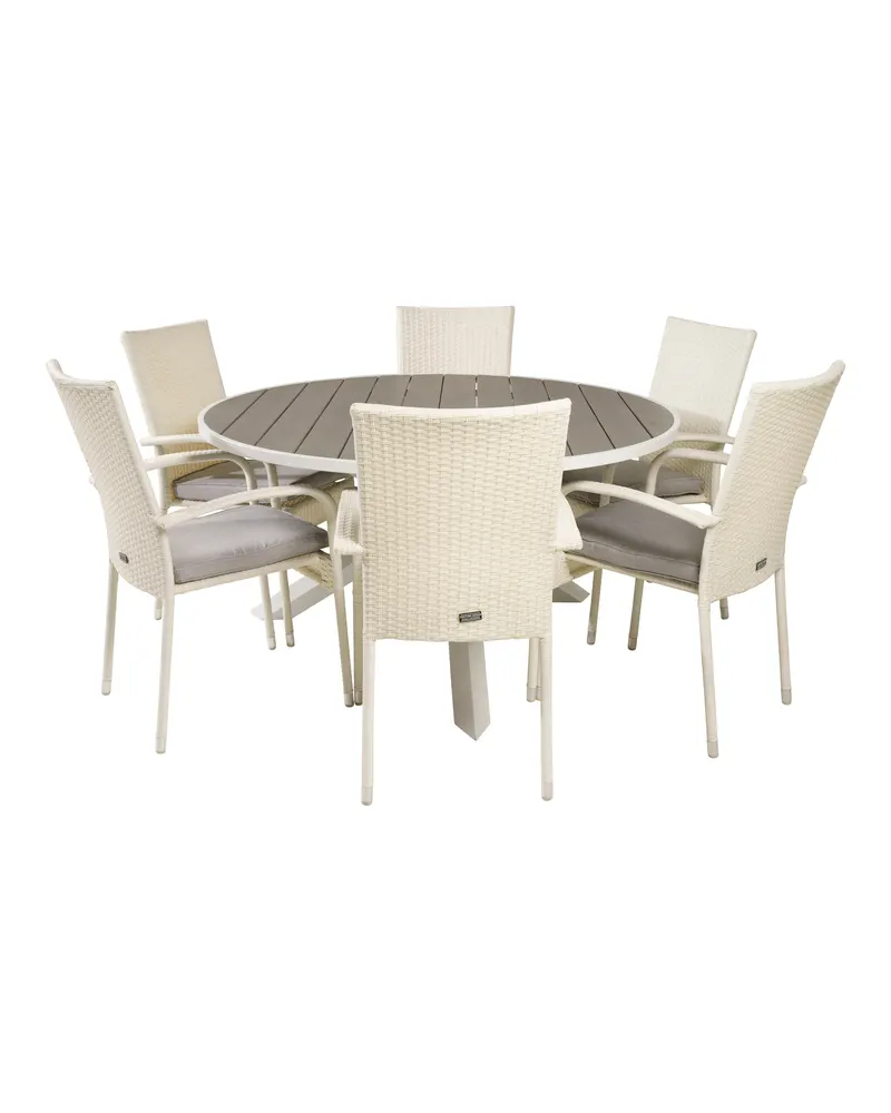 Parma & Anna Gartenmöbel-Set mit rundem Tisch und 6 weißen Geflechtstühlen, Ansicht 1