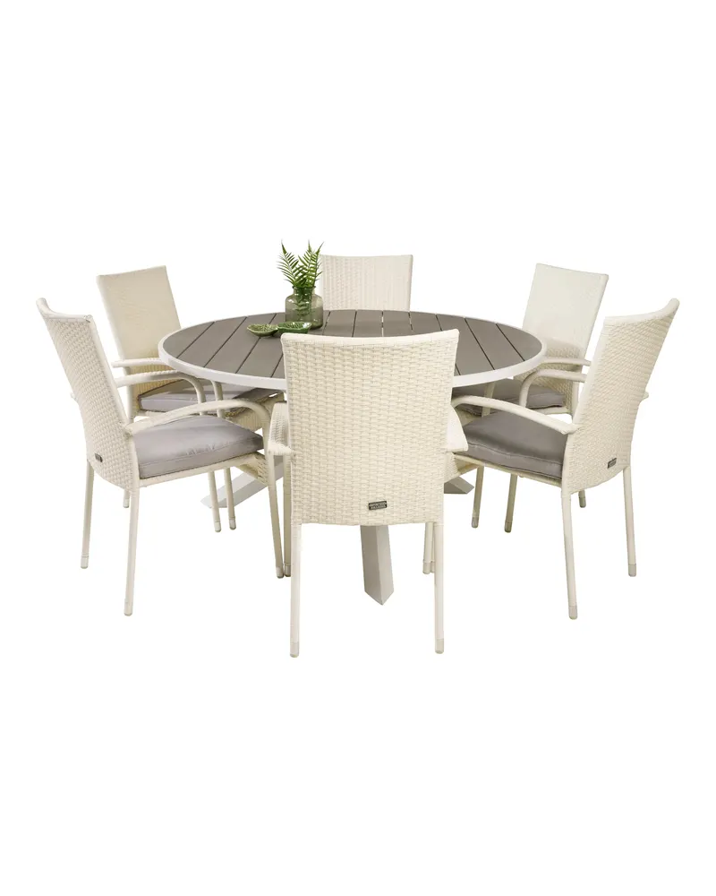 Parma & Anna Gartenmöbel-Set mit rundem Tisch und 6 weißen Geflechtstühlen, Ansicht 2