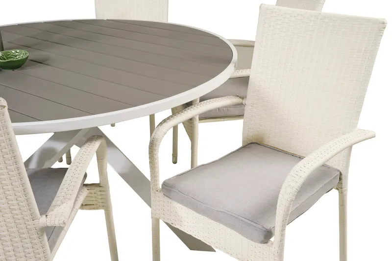 Parma & Anna Gartenmöbel-Set mit rundem Tisch und 6 weißen Geflechtstühlen, Ansicht 4