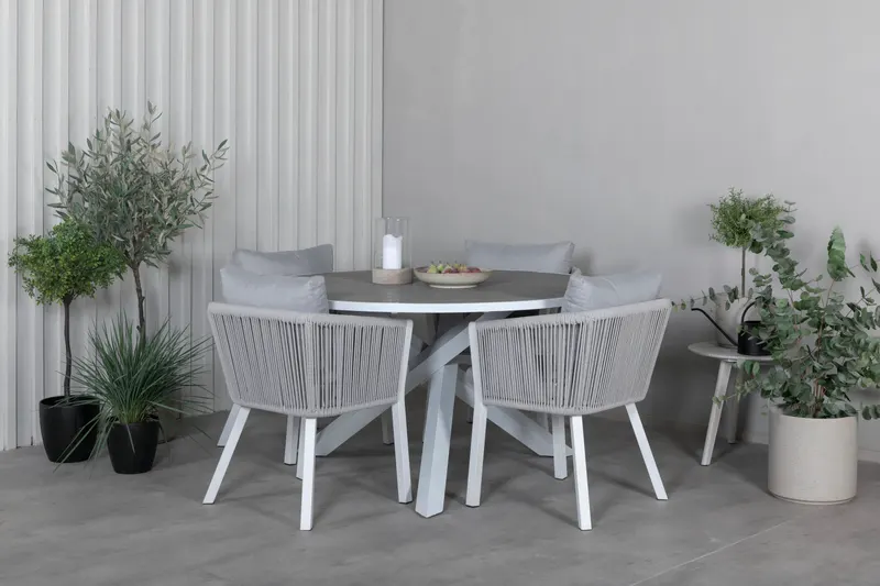 Parma & Virya Gartenmöbel-Set mit rundem Tisch und 4 Seilstühlen, im Wohnraum, Ansicht 1