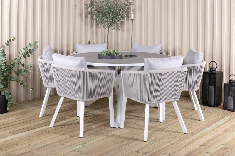 Parma & Virya Gartenmöbel-Set mit rundem Tisch und 6 Seilstühlen, im Wohnraum, Ansicht 1