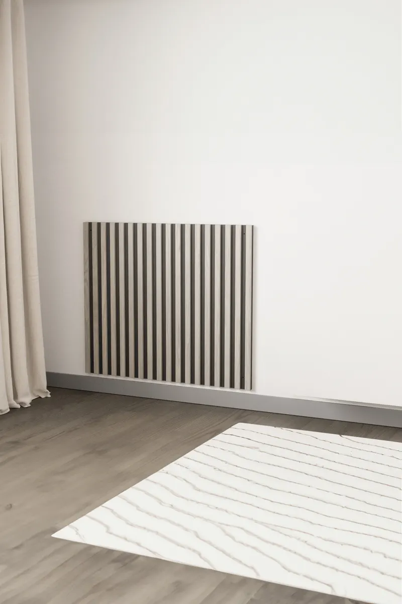 Pau Wandpaneel mit Lamellen als Kopfteil in Whitewash, im Wohnraum