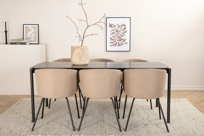 Pelle & Berit Essgruppe mit rechteckigem Esstisch und 6 Polsterstühlen in Beige, Gestell Schwarz, im Wohnraum, Ansicht 1
