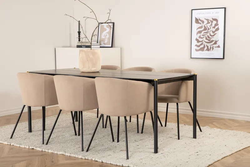 Pelle & Berit Essgruppe mit rechteckigem Esstisch und 6 Polsterstühlen in Beige, Gestell Schwarz, im Wohnraum, Ansicht 2