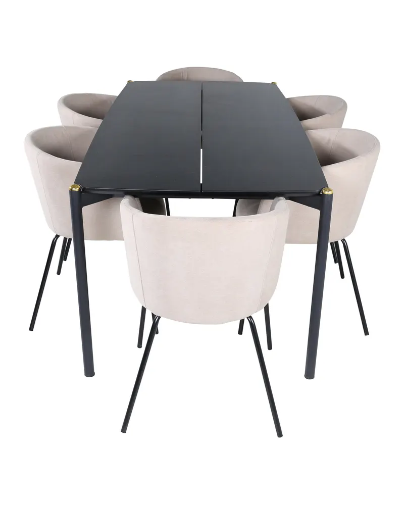 Pelle & Berit Essgruppe mit rechteckigem Esstisch und 6 Polsterstühlen in Beige, Gestell Schwarz, Ansicht 2