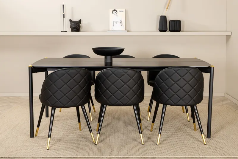Pelle & Velvet Essgruppe mit rechteckigem Esstisch und 6 Polsterstühlen mit Ziernaht in Schwarz, im Wohnraum, Ansicht 1