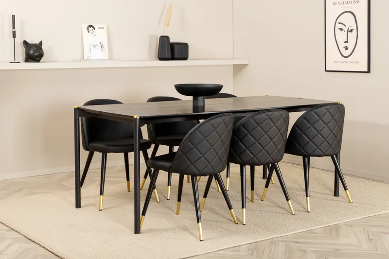 Pelle & Velvet Essgruppe mit rechteckigem Esstisch und 6 Polsterstühlen mit Ziernaht in Schwarz, im Wohnraum, Ansicht 2
