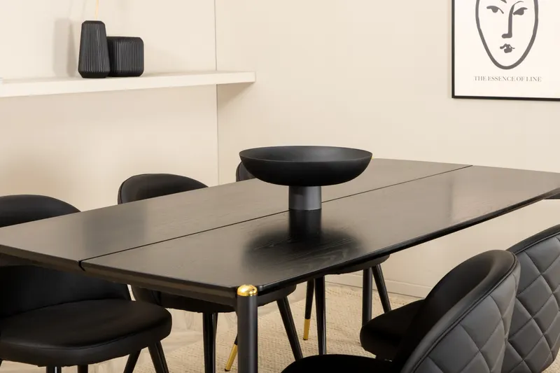 Pelle & Velvet Essgruppe mit rechteckigem Esstisch und 6 Polsterstühlen mit Ziernaht in Schwarz, im Wohnraum, Ansicht 3