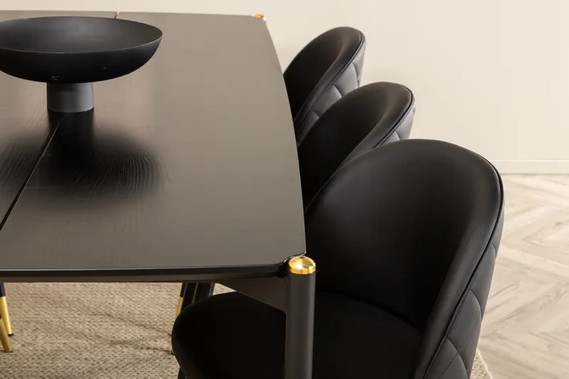 Pelle & Velvet Essgruppe mit rechteckigem Esstisch und 6 Polsterstühlen mit Ziernaht in Schwarz, im Wohnraum, Ansicht 5