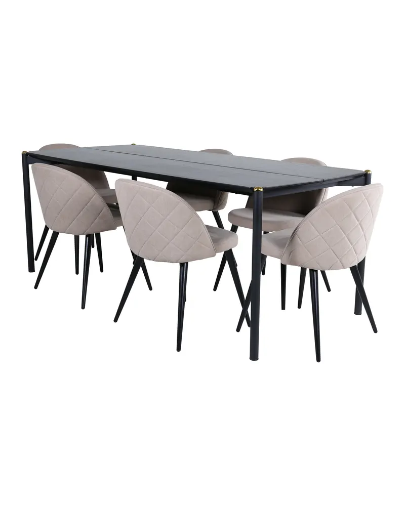 Pelle & Velvet Essgruppe mit rechteckigem Esstisch und 6 Polsterstühlen mit Ziernaht in Beige, Gestell Schwarz, Ansicht 1