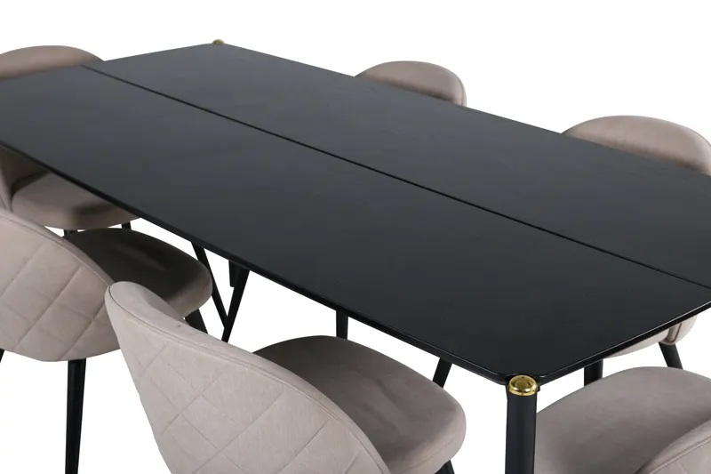 Pelle & Velvet Essgruppe mit rechteckigem Esstisch und 6 Polsterstühlen mit Ziernaht in Beige, Gestell Schwarz, Ansicht 2