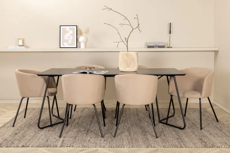 Petra & Berit Essgruppe mit rechteckigem Esstisch und 6 Polsterstühlen in Schwarz, Beige, Gestell Schwarz, im Wohnraum, Ansicht 1