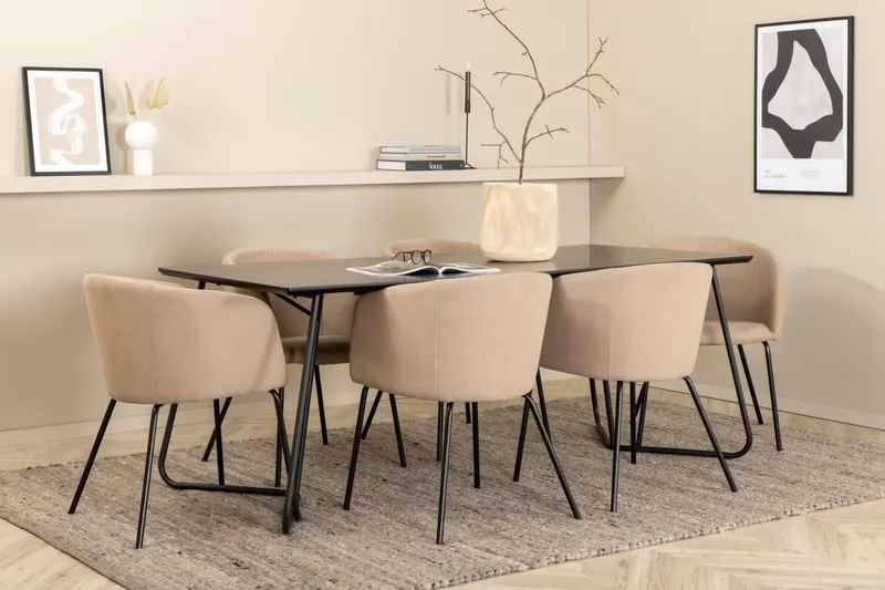 Petra & Berit Essgruppe mit rechteckigem Esstisch und 6 Polsterstühlen in Schwarz, Beige, Gestell Schwarz, im Wohnraum, Ansicht 2