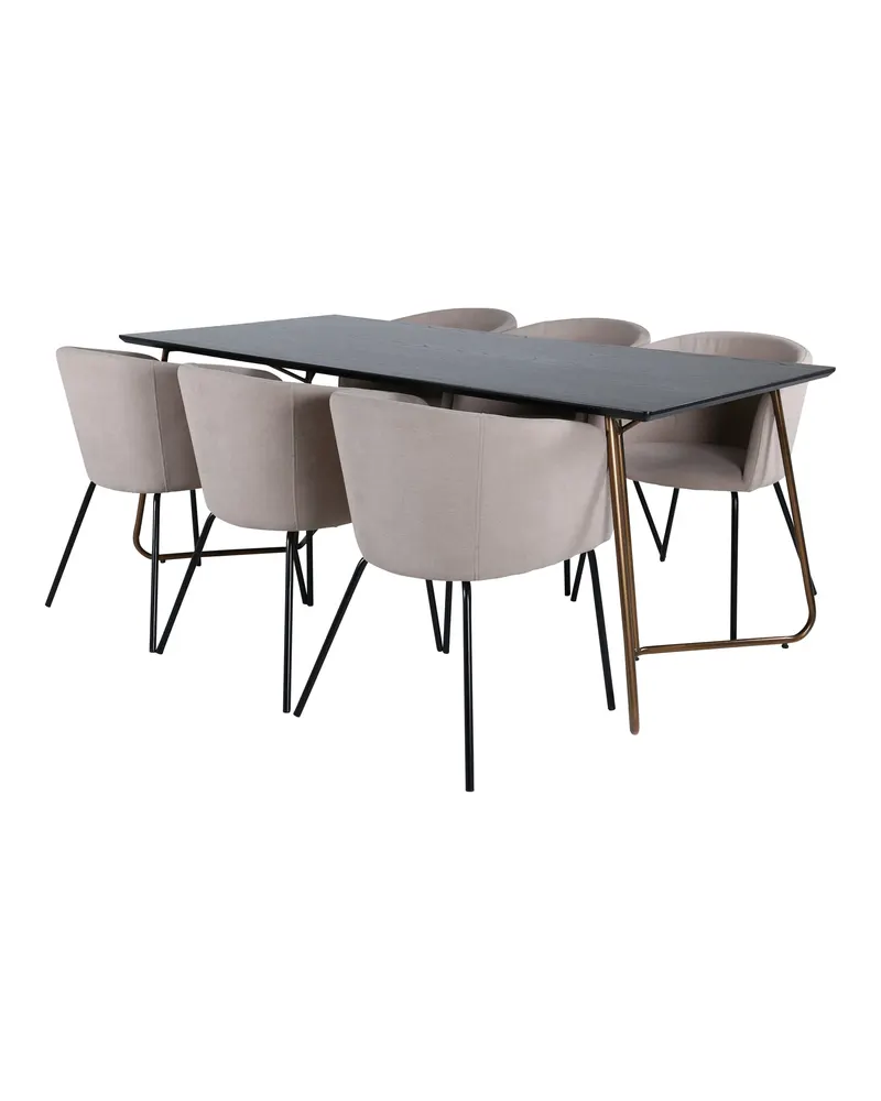 Petra & Berit Essgruppe mit rechteckigem Esstisch und 6 Polsterstühlen in Schwarz, Gestell Kupfer, Beige, Gestell Schwarz, Ansicht 1