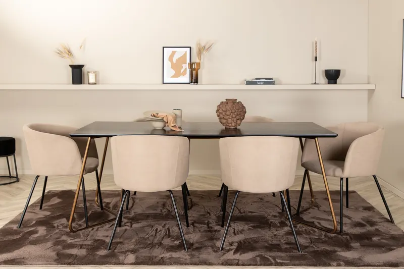 Petra & Berit Essgruppe mit rechteckigem Esstisch und 6 Polsterstühlen in Schwarz, Gestell Kupfer, Beige, Gestell Schwarz, im Wohnraum, Ansicht 1