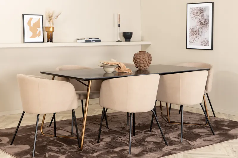 Petra & Berit Essgruppe mit rechteckigem Esstisch und 6 Polsterstühlen in Schwarz, Gestell Kupfer, Beige, Gestell Schwarz, im Wohnraum, Ansicht 2
