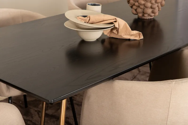 Petra & Berit Essgruppe mit rechteckigem Esstisch und 6 Polsterstühlen in Schwarz, Gestell Kupfer, Beige, Gestell Schwarz, im Wohnraum, Ansicht 3